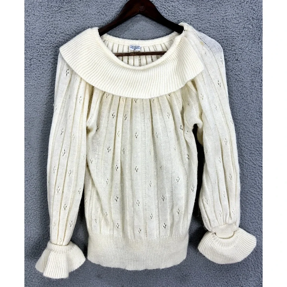 Vintage Sweater Womens Medium‎ Ivory Mohair Blend Open Knit Ruffle Grandma Regal